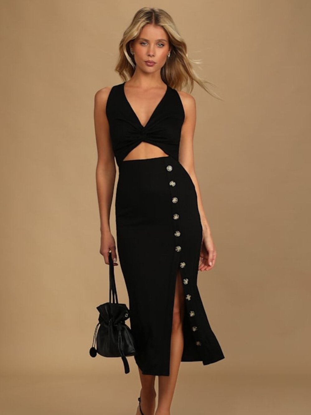 Lulus Trend Seeker Black Ribbed Twist-front Cutout Midi Dress - Size S